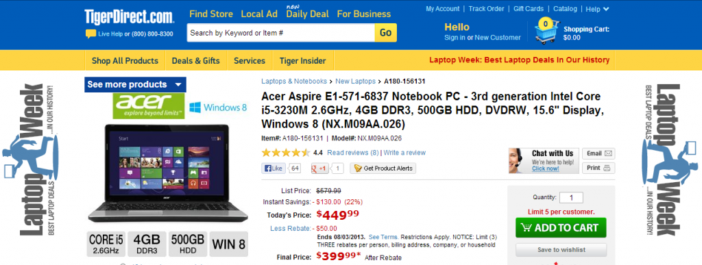 Acer Aspire E1-571-6837 3rd Gen i5, 4GB, 500GB, from Tiger Direct: 449.99, 399.99 after Rebate