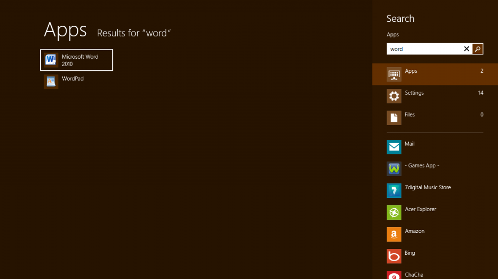 Windows 8 results from typing 'word'